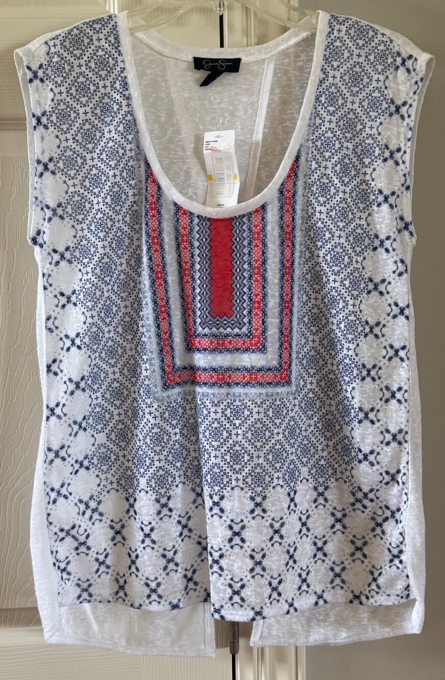 Jessica Simpson Women's Sleeveless Geometric Print Boho Tank Top M Blue White